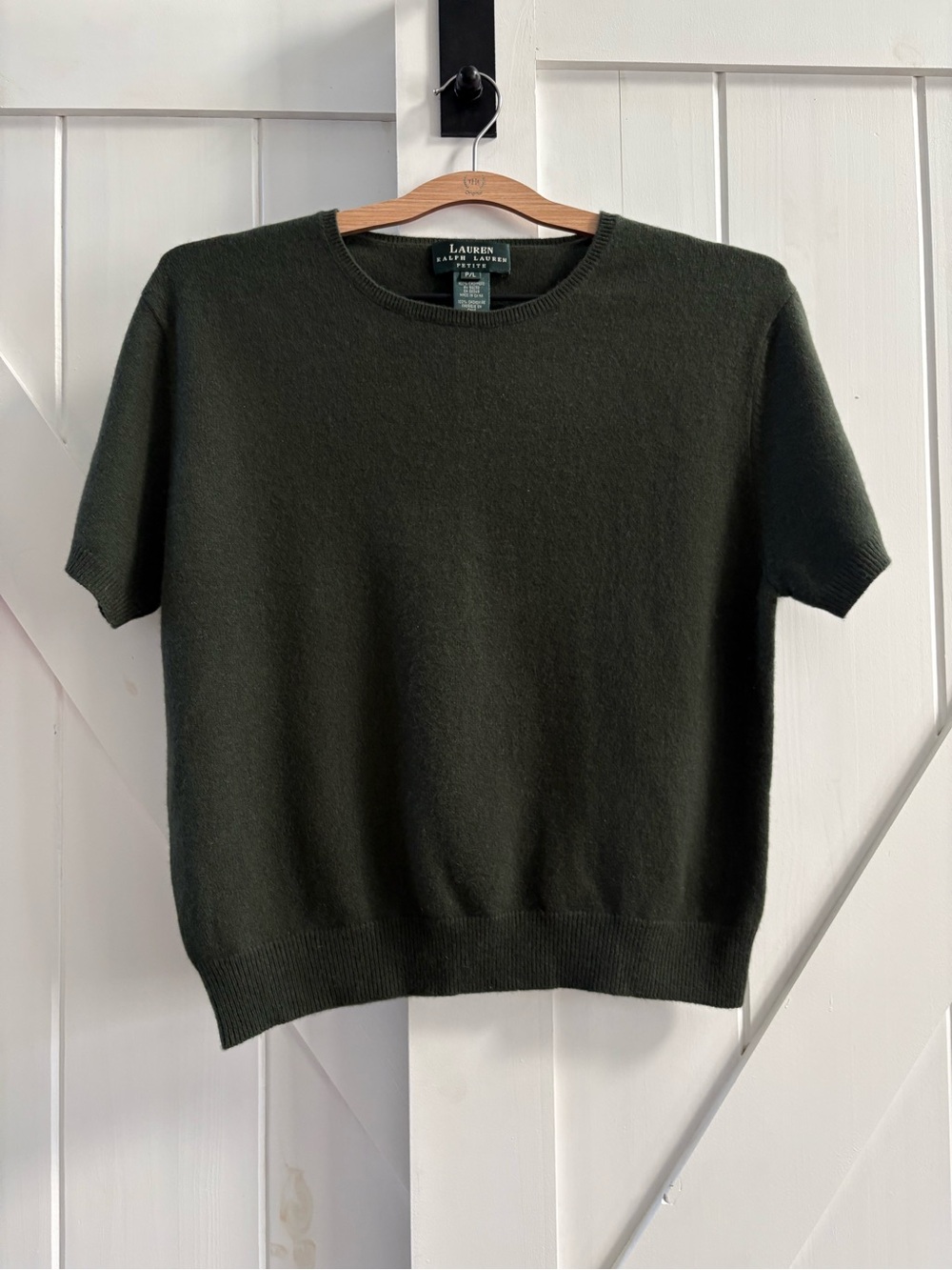Lauren Ralph Lauren Vintage Dark Olive Green 100% Cashmere Short Sleeve Sweater
